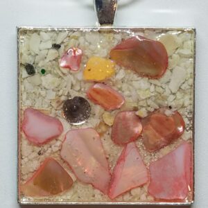 Crushed Clam and Pink Abalone Shell with Lobster Shell Accent Jewelry Pendant