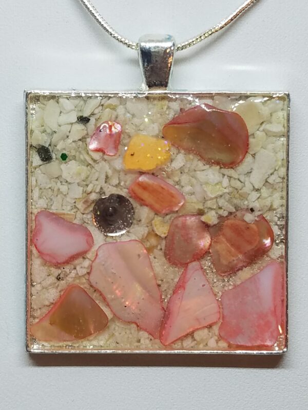 Crushed Clam and Pink Abalone Shell with Lobster Shell Accent Jewelry Pendant