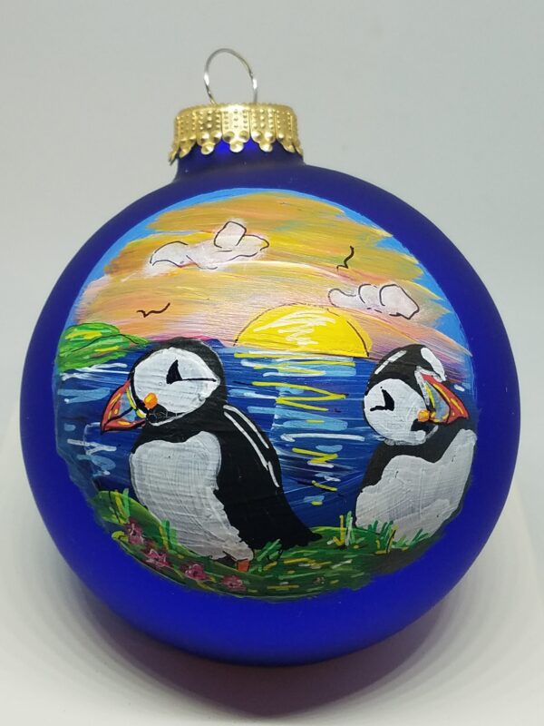 Puffins on Coast Painted Glass Ornament
