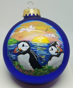 Puffins on Coast Painted Glass Ornament