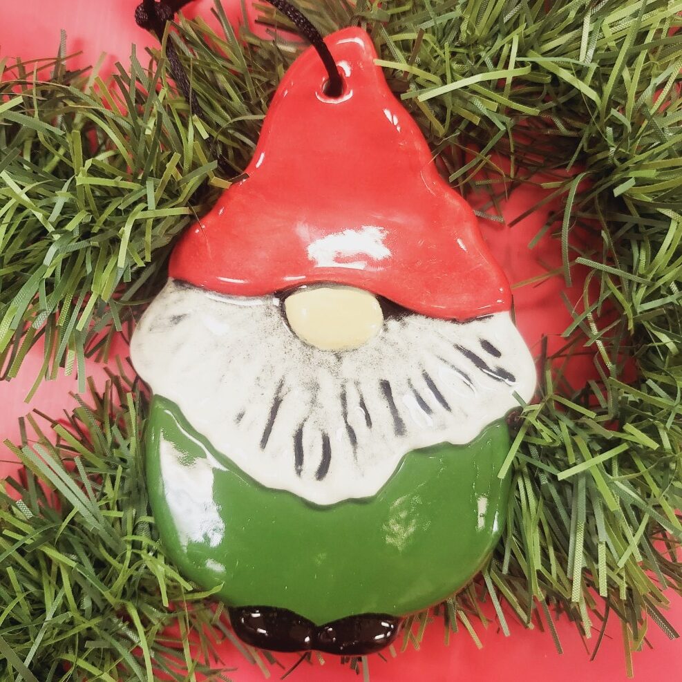 Red and Green Christmas Gnome Ceramic Ornament
