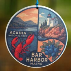 Acadia-National-Park-Bar-Harbor-Maine-Collage-with-Lighthouse-Mountain-Lobster-and-Blueberries-Wood-Ornament_Christmas_Vacation_Shop_Bar_Harbor_Maine