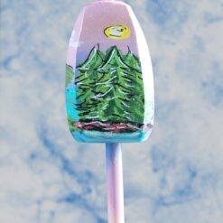 Forest-Tree-Scene-on-Pale-Background-with-Lake-on-4-sided-Wood-Lobster-Buoy-Ornament_Christmas_Vacation_Shop_Bar_Harbor_Maine