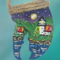 Lighthouse-with-Boats-Dusk-Evening-with-Stars-Lobster-Claw-Ornament_Christmas_Vacation_Shop_Bar_Harbor_Maine