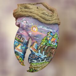 Lighthouse-with-Puffins-and-Sailboats-on-Purple-Pinkish-Sunset-Lobster-Claw-Ornament_Christmas_Vacation_Shop_Bar_Harbor_Maine