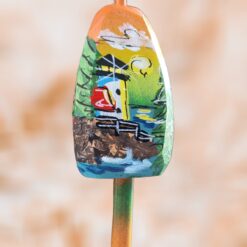 Lighthouse-with-Red-Roof-on-Coastline-with-Yellow-Background-on-4-sided-Wood-Lobster-Buoy-Ornament_Christmas_Vacation_Shop_Bar_Harbor_Maine