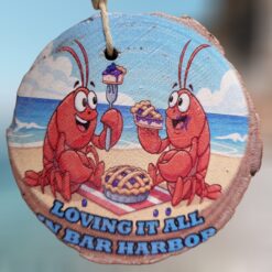 Lobster-Couple-Eating-Blueberry-Pie-and-Loving-it-All-in-Bar-Harbor-Woodsie-Ornament_Christmas_Vacation_Shop_Bar_Harbor_Maine