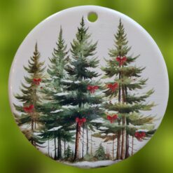Pine-Trees-with-Red-Ribbon-Ceramic-Ornament_Christmas_Vacation_Shop_Bar_Harbor_Maine