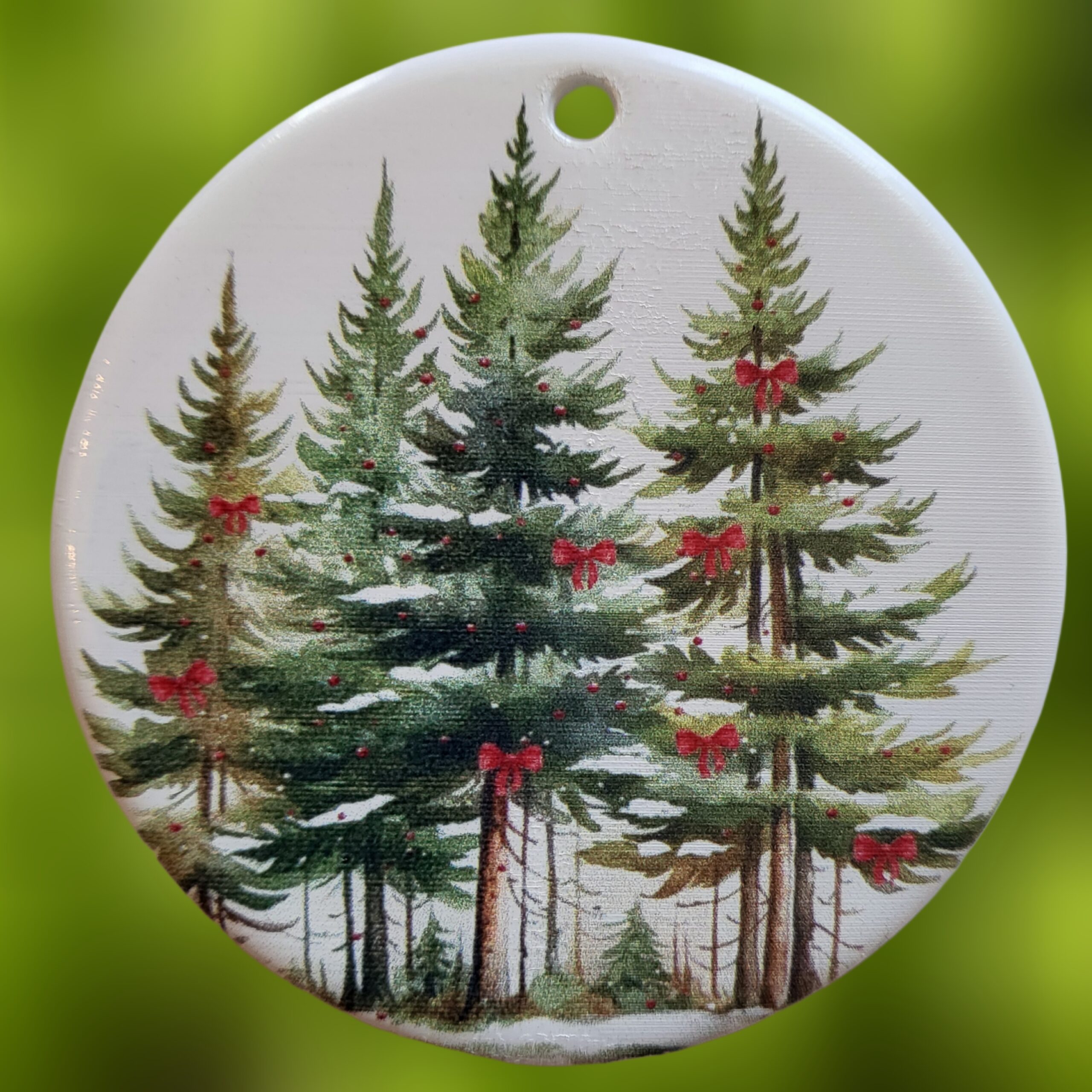 Pine-Trees-with-Red-Ribbon-Ceramic-Ornament_Christmas_Vacation_Shop_Bar_Harbor_Maine