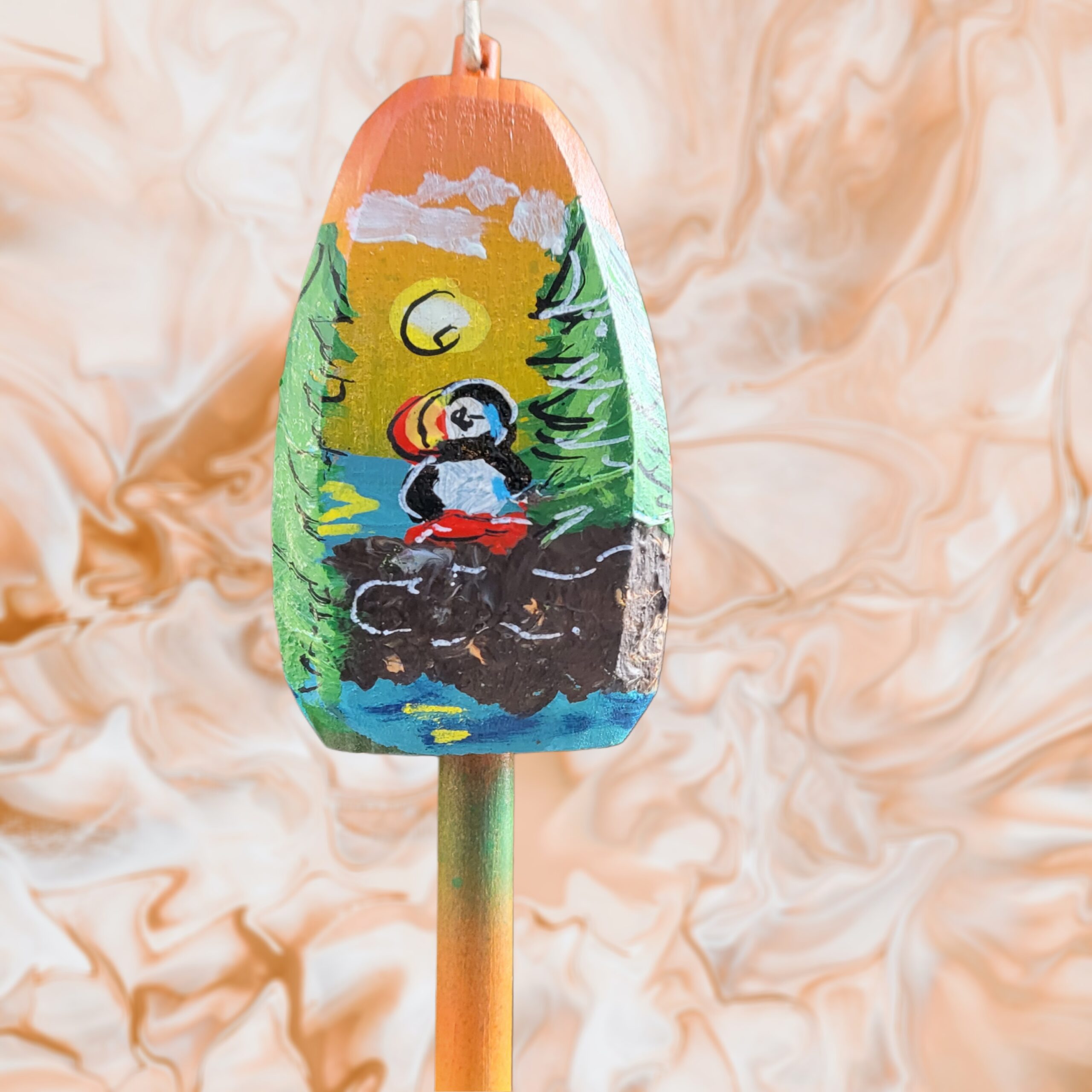 Puffin-on-Rocky-Coastline-Yellow-Sunset-Background-4-Sided-Wood-Buoy-Ornament_Christmas_Vacation_Shop_Bar_Harbor_Maine