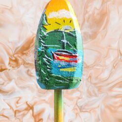 Red-Lobster-Boat-with-Mountain-Scene-on-Yellow-Gren-Background-4-Sided-Wood-Lobster-Buoy-Ornament_Christmas_Vacation_Shop_Bar_Harbor_Maine