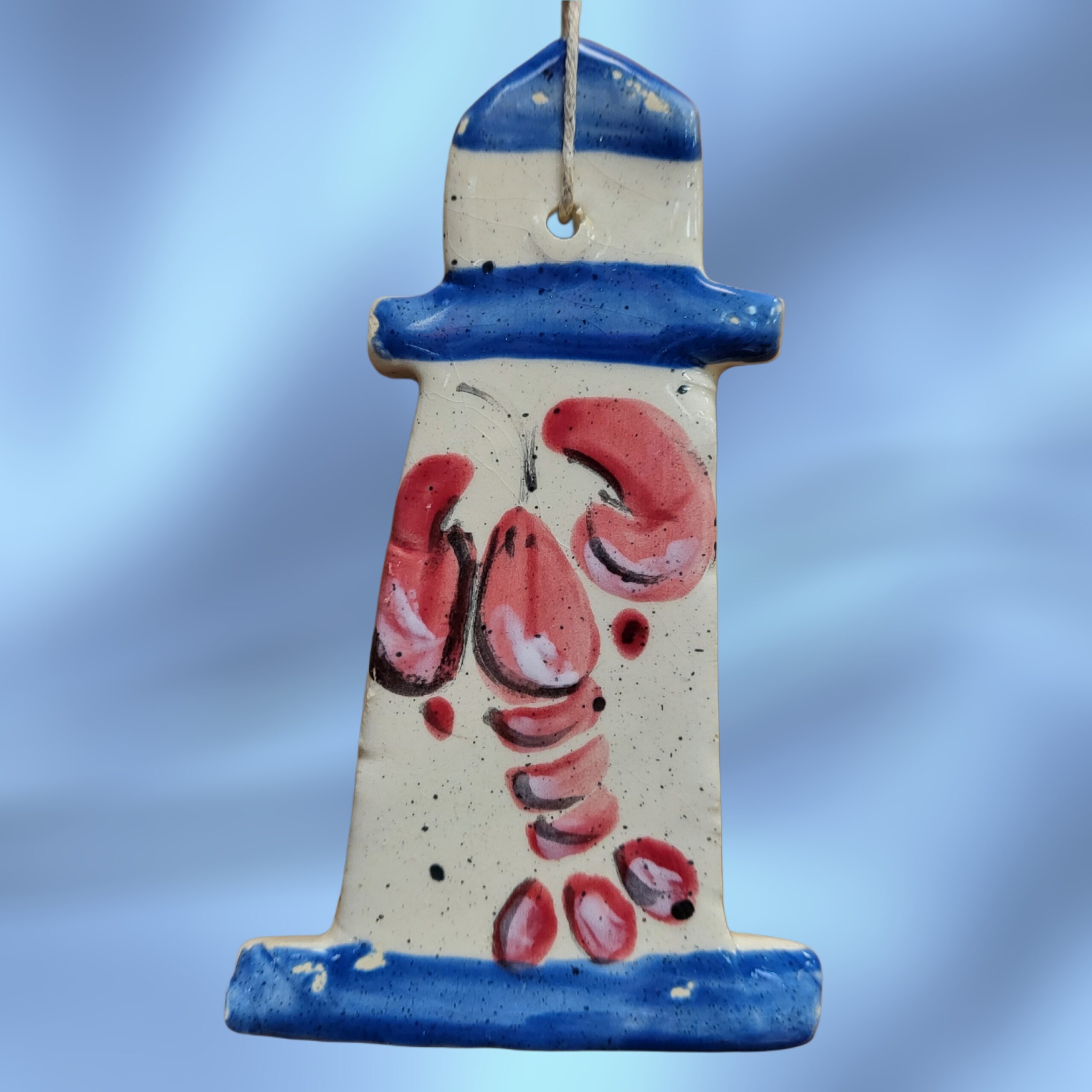 Red-Lobster-on-Blue-and-White-Lighthouse-Ceramic-Ornament_Christmas_Vacation_Shop_Bar_Harbor_Maine
