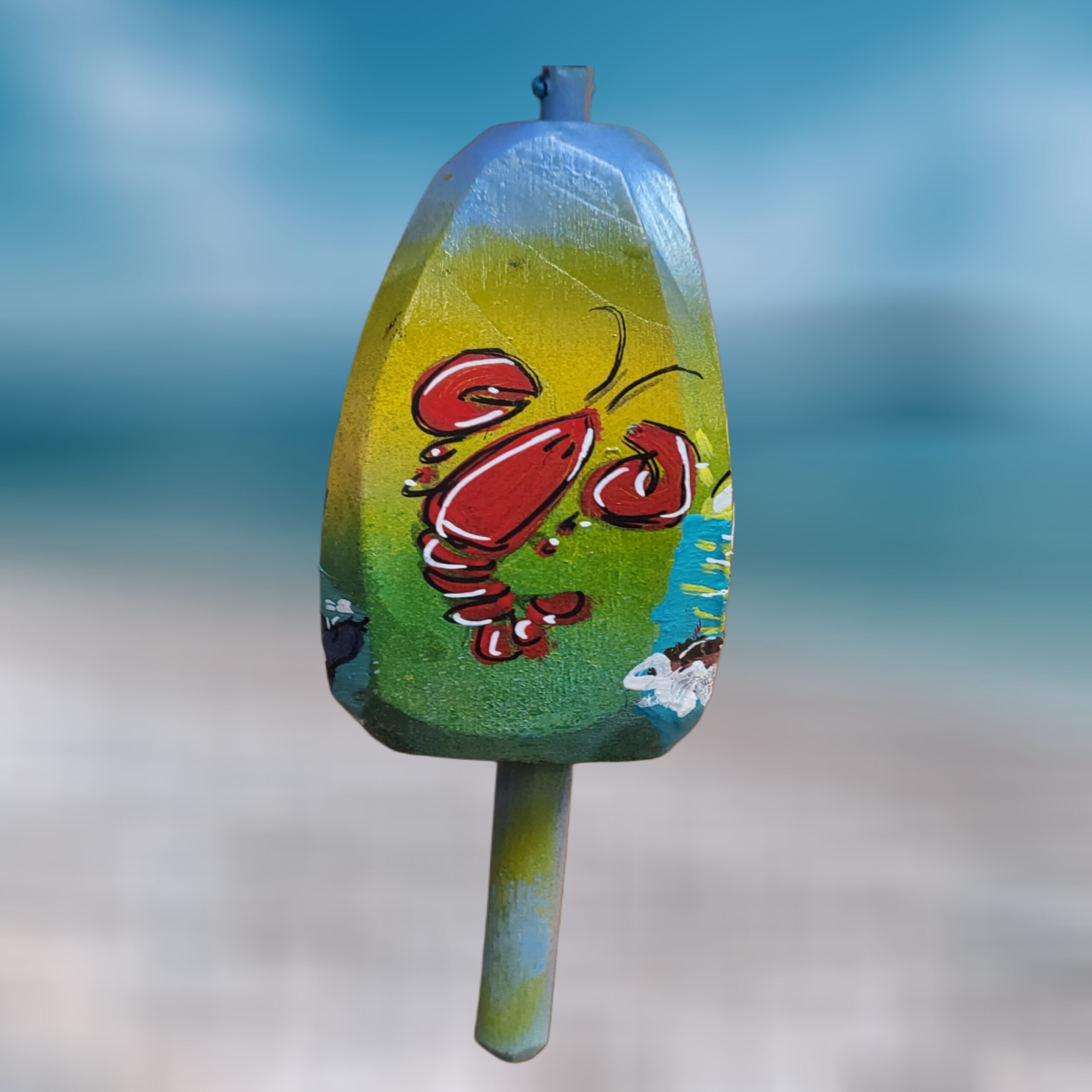 Red-Lobster-on-Blueish-Yellow-Background-4-Sided-Wood-Lobster-Buoy-Ornament_Christmas_Vacation_Shop_Bar_Harbor_Maine