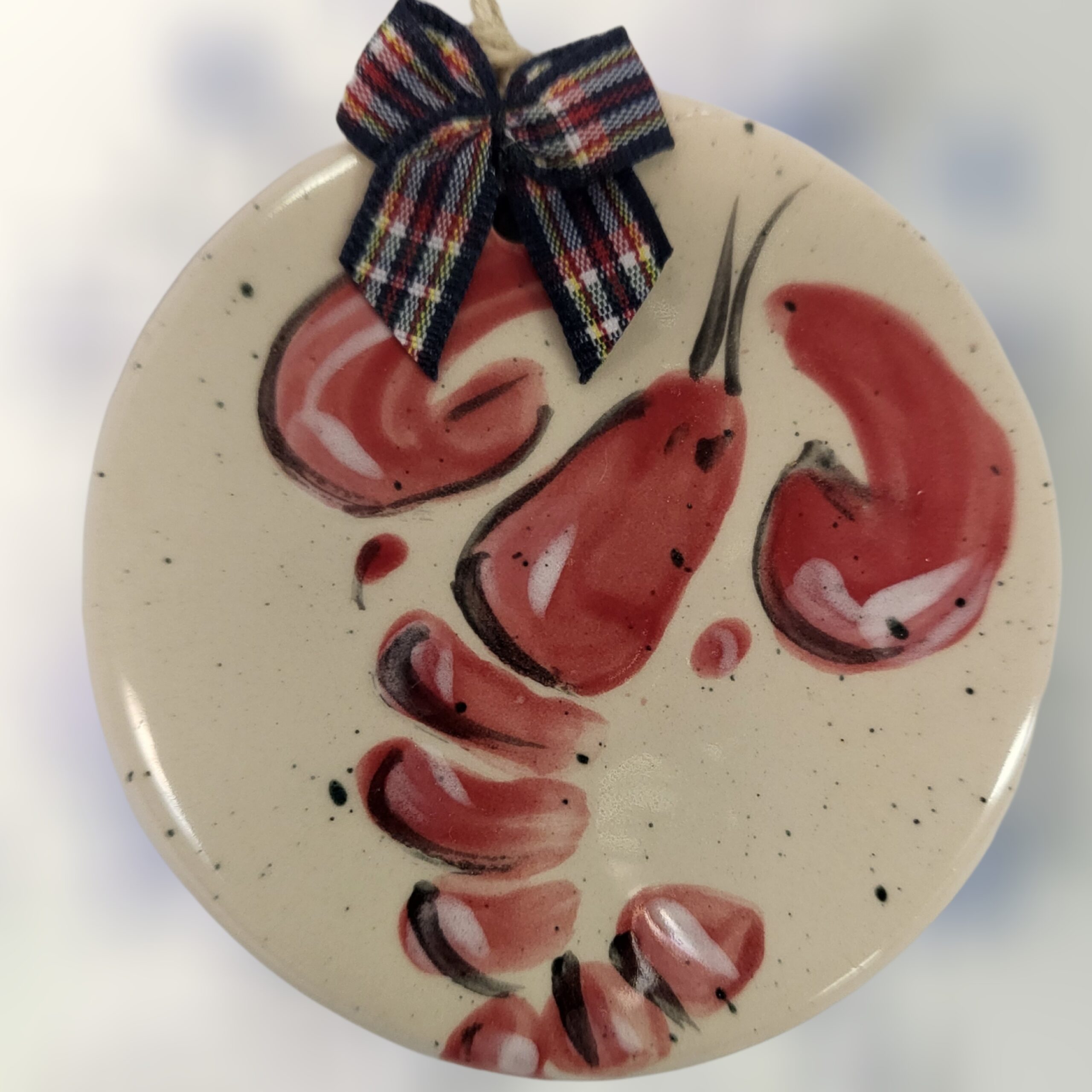 Red-Lobster-with-Gingham-Bow-on-Ceramic-Ball-Ornament_Christmas_Vacation_Shop_Bar_Harbor_Maine