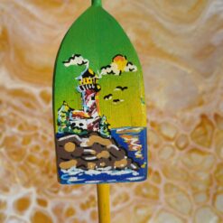 Red-and-White-Lighthouse-Coastal-Scene-with-Sunshine-on-Green-Morning-Background-4-Sided-Lobster-Wood-Buoy-Ornament_Christmas_Vacation_Shop_Bar_Harbor_Maine