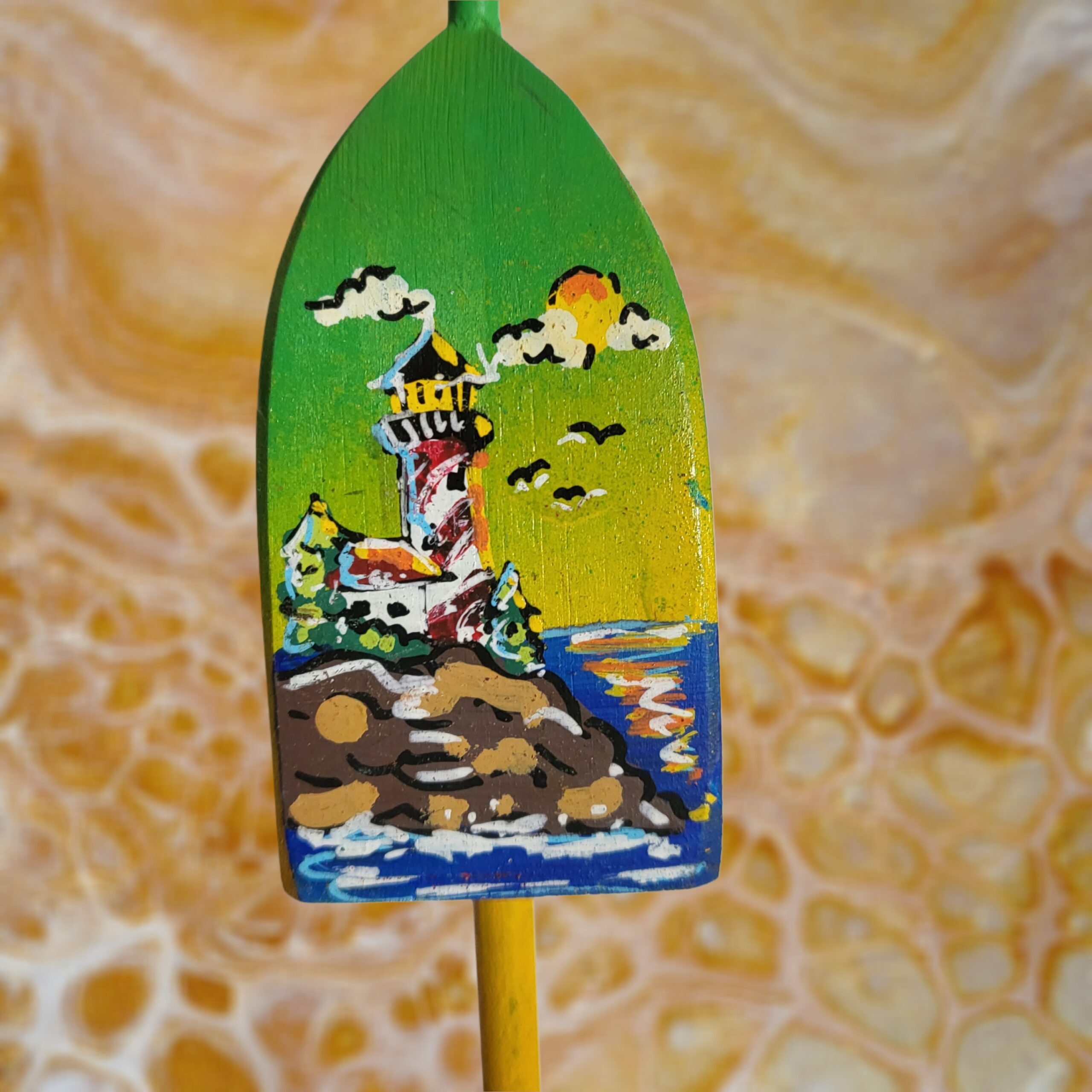 Red-and-White-Lighthouse-Coastal-Scene-with-Sunshine-on-Green-Morning-Background-4-Sided-Lobster-Wood-Buoy-Ornament_Christmas_Vacation_Shop_Bar_Harbor_Maine