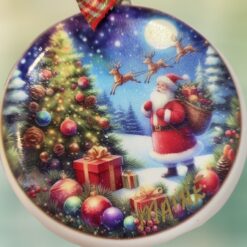 Santa-Clause-with-Christmas-Tree-and-Reindeer-Ceramic-Ornament_Christmas_Vacation_Shop_Bar_Harbor_Maine