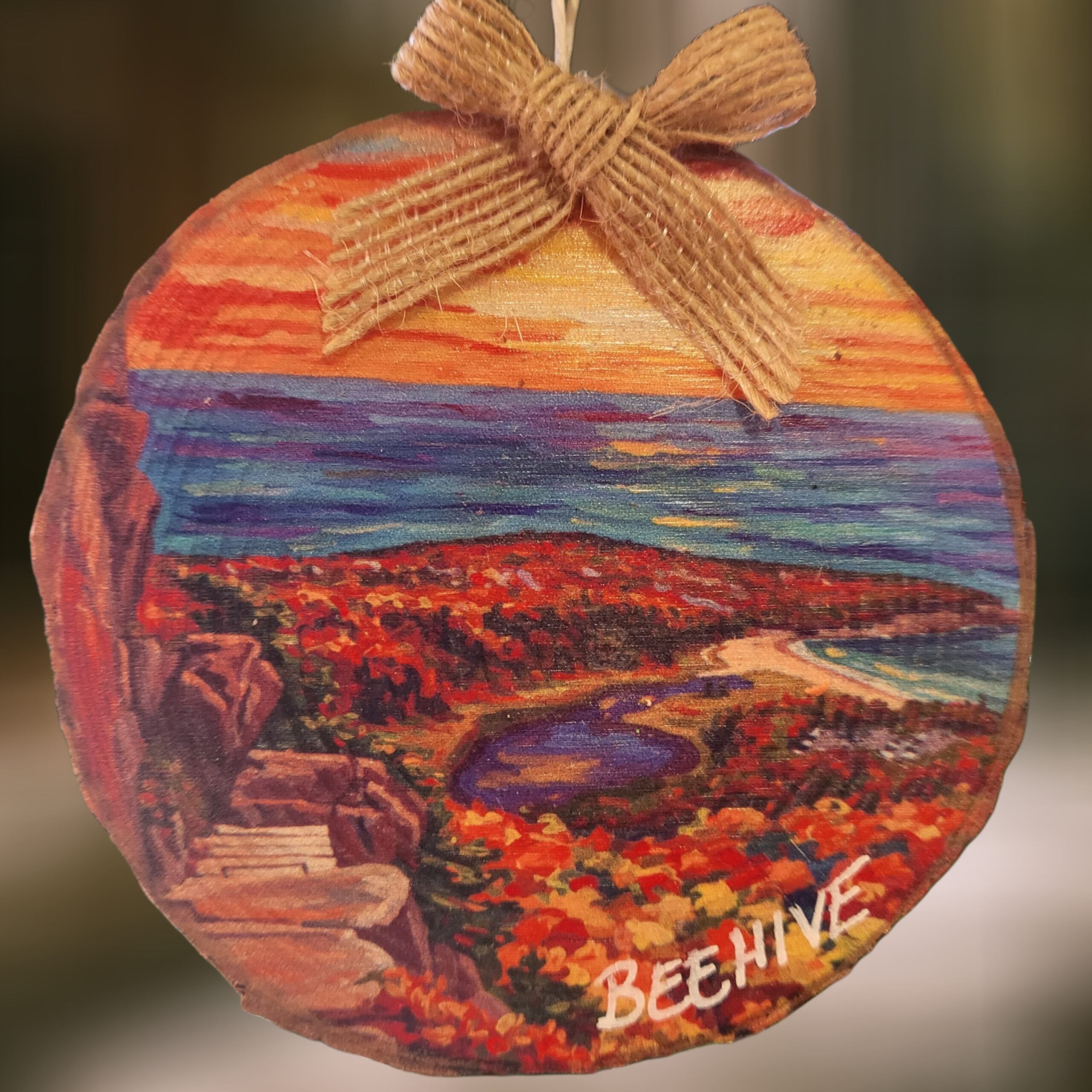 Sunset-Beehive-Trail-Woodsie-Ornament-with-Bow_Christmas_Vacation_Shop_Bar_Harbor_Maine