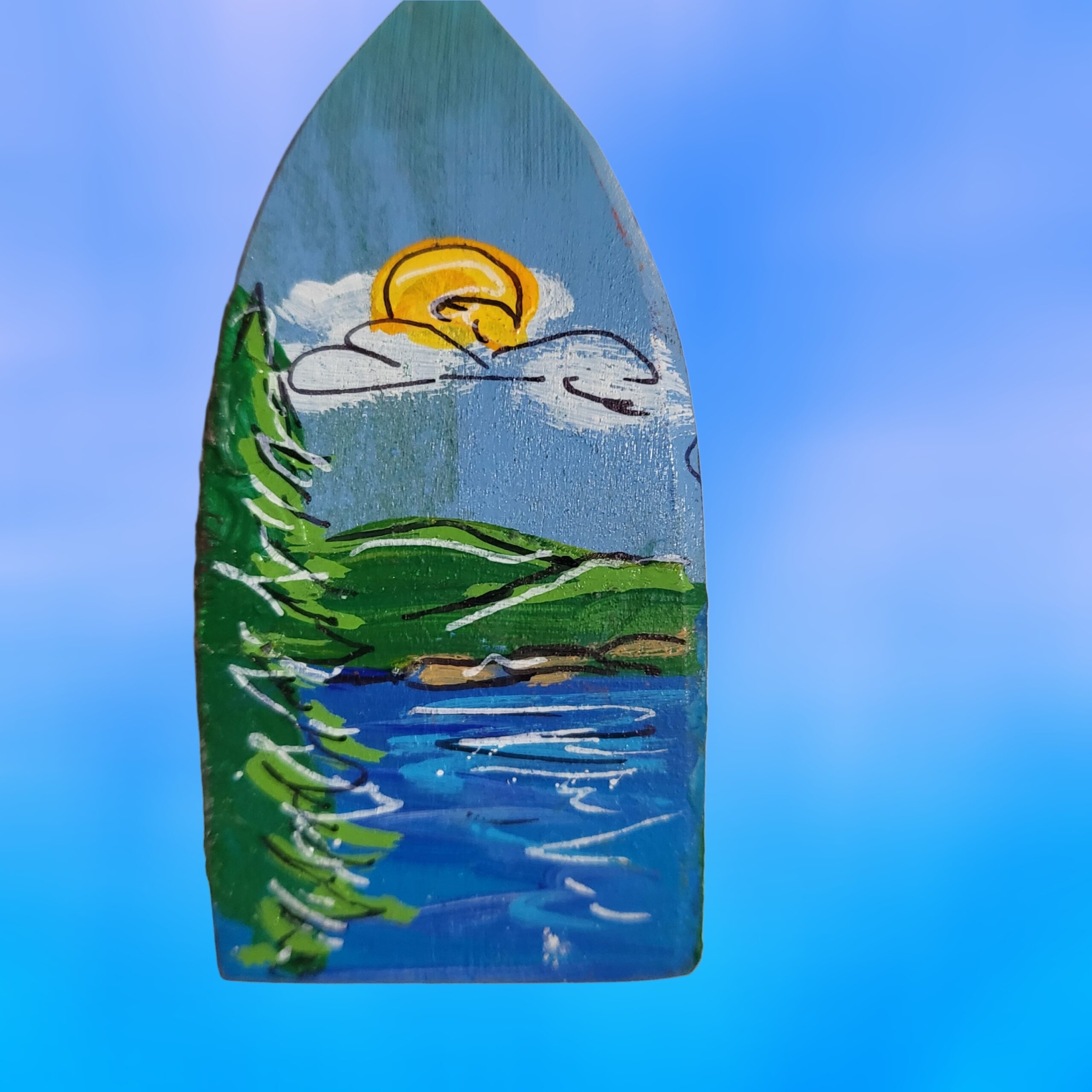 Tree-with-Mountain-Lake-Scene-on-Blue-4-Sided-Wood-Lobster-Buoy-Ornament_Christmas_Vacation_Shop_Bar_Harbor_Maine