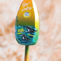 Two-Loons-Lake-Scene-With-Sun-on-Yellow-Green-Background-4-Sided-Wood-Lobster-Buoy-Ornament_Christmas_Vacation_Shop_Bar_Harbor_Maine