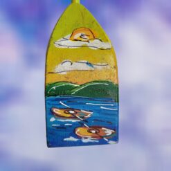 Two-Orange-Kayaks-with-Mountain-Scene-and-Sunshine-on-Yellow-Sunset-Background-4-Sided-Wood-Buoy-Lobster-Ornament_Christmas_Vacation_Shop_Bar_Harbor_Maine