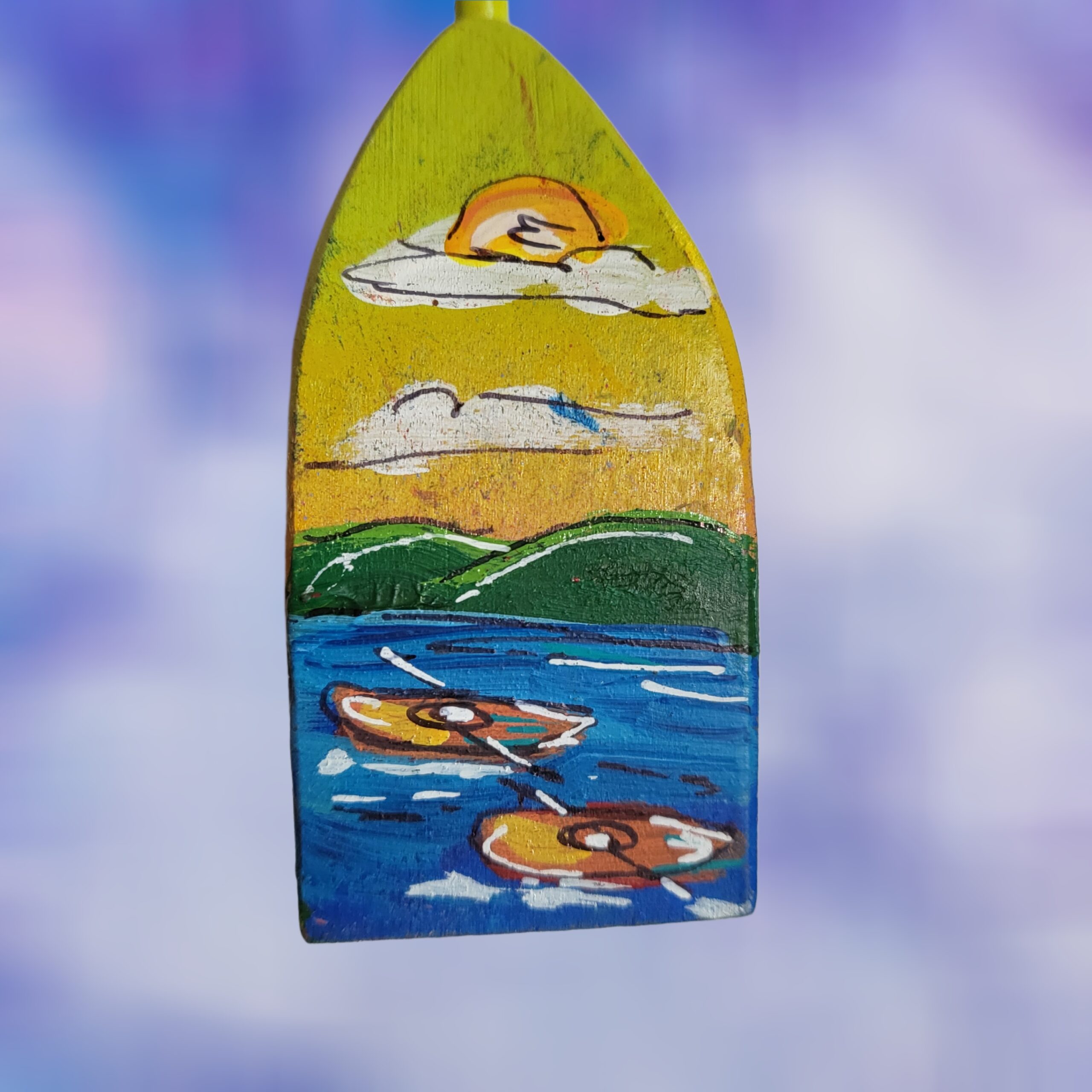 Two-Orange-Kayaks-with-Mountain-Scene-and-Sunshine-on-Yellow-Sunset-Background-4-Sided-Wood-Buoy-Lobster-Ornament_Christmas_Vacation_Shop_Bar_Harbor_Maine
