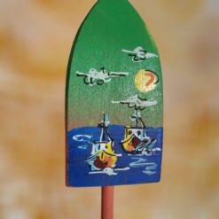 Two-Red-Lobster-Boats-with-Sunrise-Ocean-Green-Dawn-Scene-4-Sided-Lobster-Wood-Buoy-Ornament_Christmas_Vacation_Shop_Bar_Harbor_Maine