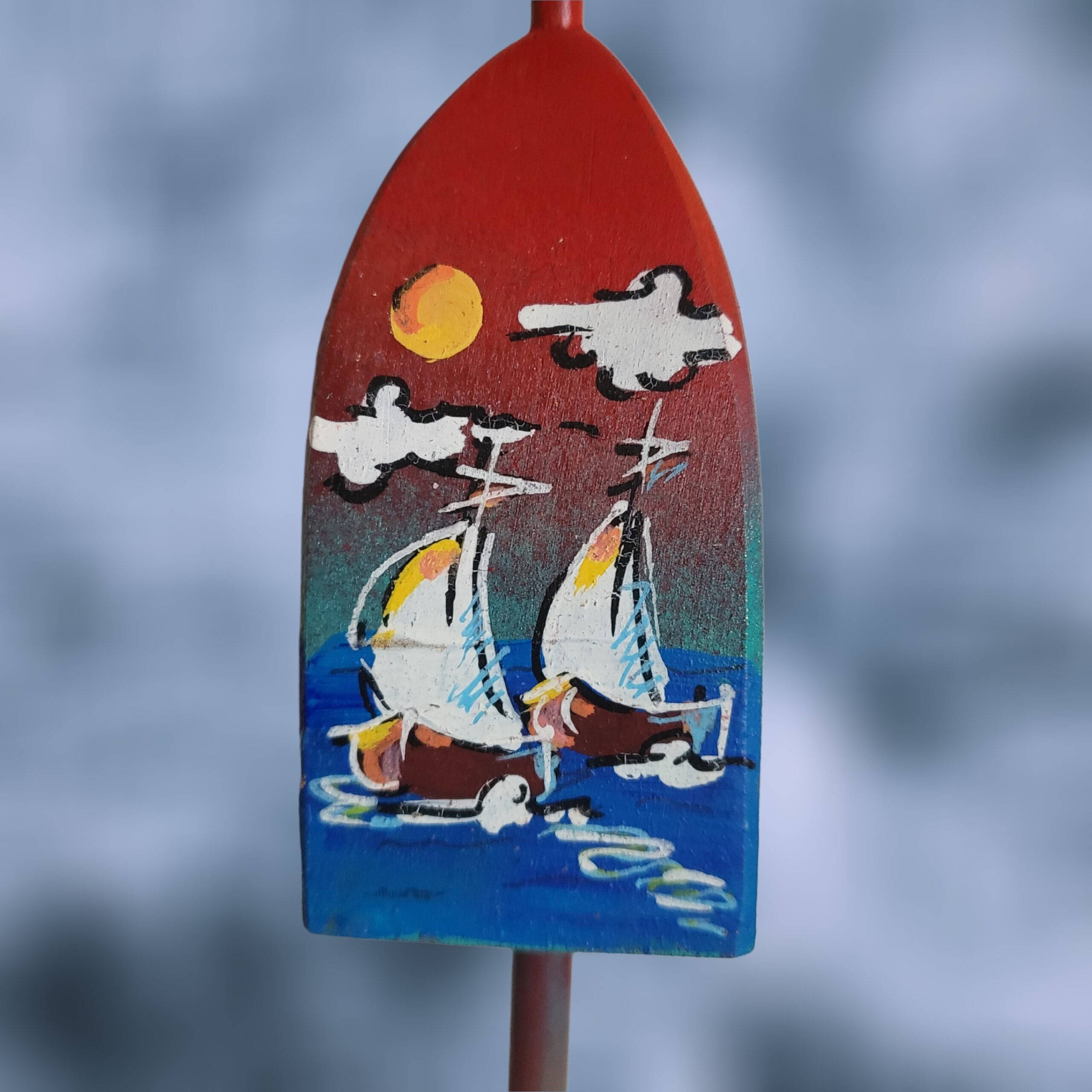 Two-Sailboasts-on-Red-Blue-Background-4-Sided-Wood-Lobster-Buoy-Ornament_Christmas_Vacation_Shop_Bar_Harbor_Maine