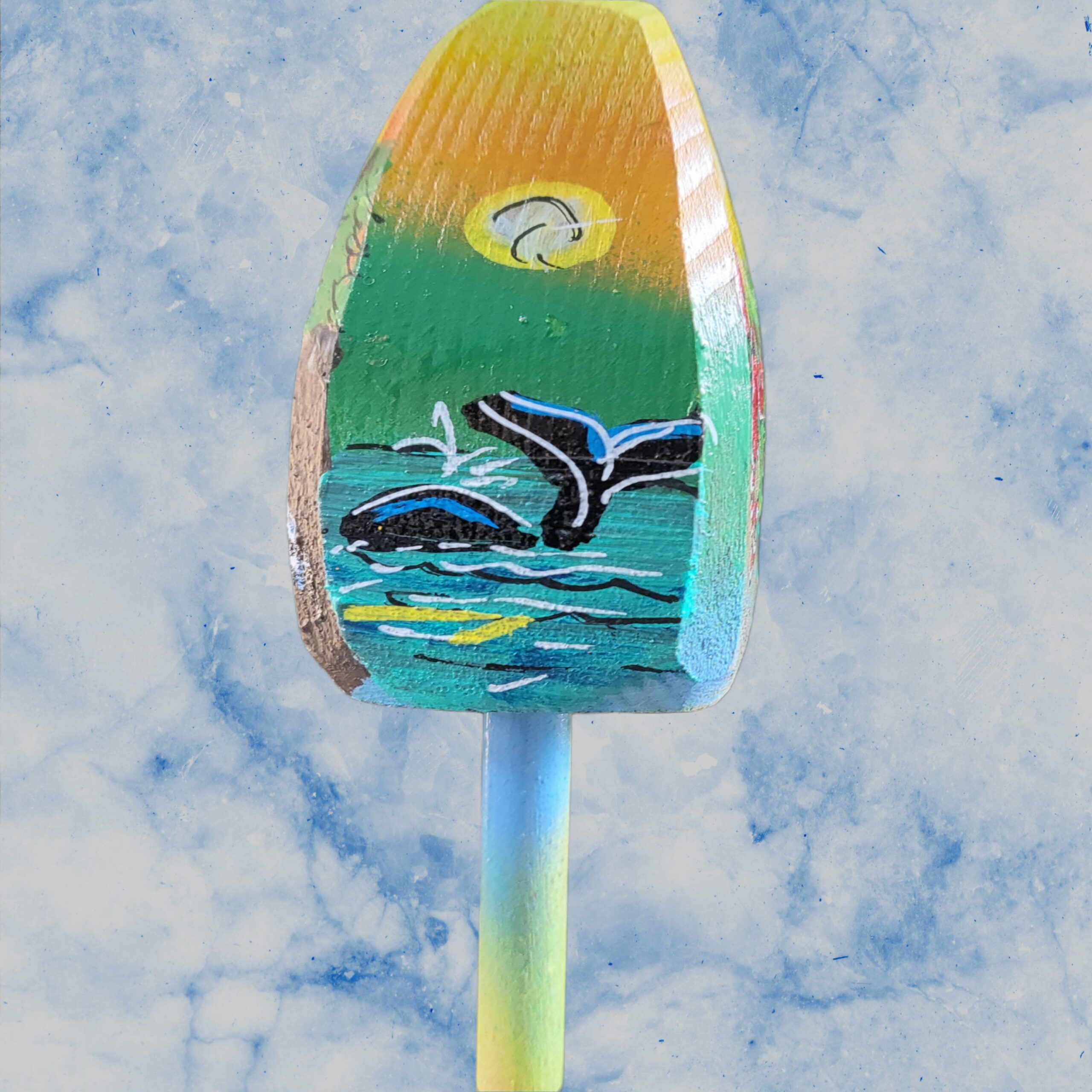 Whale-In-Ocean-with-Sunshine-on-Yellow-Green-Background-4-Sided-Wood-Buoy-Ornament_Christmas_Vacation_Shop_Bar_Harbor_Maine