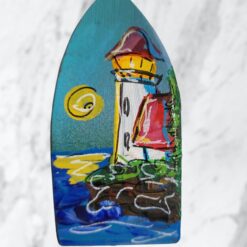 White-Lighthouse-with-Red-Roof-on-Blueish-Background-4-Sided-Wood-Lobster-Buoy-Ornament_Christmas_Vacation_Shop_Bar_Harbor_Maine