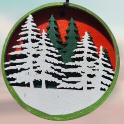 White-and-Green-Pine-Trees-Winter-Scene-Red-Background-Wood-Layered-Ornament_Christmas_Vacation_Shop_Bar_Harbor_Maine